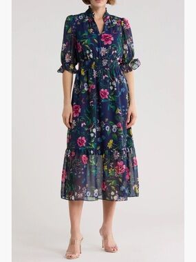 Eliza J Floral Ruffle Collar Navy Midi Dress New!